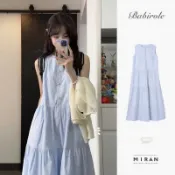 夏季無袖法式洋裝 優雅少女感連衣裙 藍色蛋糕裙 擺簡約溫柔風連身裙子 休閒寬鬆長裙 A字裙