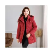 (店+)羽絨服女連帽雪地滑雪服棉服青年媽媽流行羽絨衣加絨羽絨外套風冬季保暖隔熱白鴨絨冬天中長款防風防水輕薄透氣親膚紅色