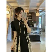中式國風改良旗袍裙夏季漢服大碼復古高級印花旗袍拼接大擺連衣裙 改良式旗袍 新中式洋裝 連身裙 中國風長裙 旗袍洋裝 收腰