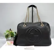 ☆優買二手精品名牌店☆ GUCCI 353126 SOHO 黑色 荔枝皮 流蘇 金鍊 拉鍊 肩背包 購物包 保齡球包 豆
