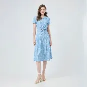 【ILEY 伊蕾】襯衫綁結假兩件棉質印花洋裝(藍；M-XL；1252027409)