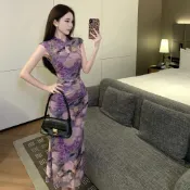 【Lorine匯衣閣】紫色旗袍 新中式洋裝 改良旗袍 修身顯瘦長裙 網紗印花包臀魚尾裙 復古連身裙 國風洋裝 無袖旗袍