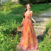 韓版旅行度假雪紡性感碎花吊帶長裙女裝緊身V領無袖露背綁帶中長款A字洋裝