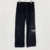 【DOKODEMO】Karl Kani 黑色工裝牛仔褲，帶刺繡標誌，5翻蓋口袋，黑色，S 碼，古著