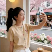  【現貨下單*專櫃品質】夏季新款清爽彩虹小馬刺繡短袖針織小外套寬鬆休閒顯瘦減齡圓領上衣