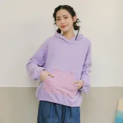 【Dailo】熊耳拼接條紋連帽T 駝 紫 灰(魅力商品)