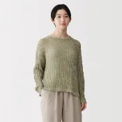 【MUJI 無印良品】女亞麻混鏤空編織寬版針織衫(墨灰/淺米/煙燻綠)