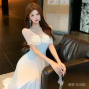 免運 臺灣出貨 韆金風小禮裙女 法式韆金貴氣感白色一字領連衣裙女收腰大裙擺抹胸長裙生日晚禮服 RJZ1