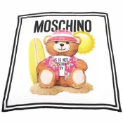 MOSCHINO 沙灘花襯衫泰迪熊印花黑框白色真絲 披肩/綁包巾(90x90)