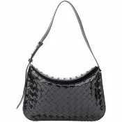【BOTTEGA VENETA 寶緹嘉】BV 光澤感小牛皮編織切角翻蓋肩背腋下包-黑色