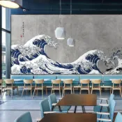 【日式復古浮世繪】3D和風海浪富士山壁畫 日系壁紙 壽司店裝飾 復古浪花 立體掛畫 富士山壁貼