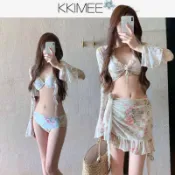 KKimee╭＊碎花渡假風【SJ39】【窄裙+罩衫】沙灘裙 比基尼 性感 溫泉 4件式泳衣 BIKINI 泳衣 游泳衣