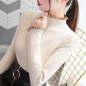 胖胖美依 秋冬上衣 花邊針織衫 素面毛衣 長袖毛衣 新款木耳邊半高領內搭毛衣女套頭修身顯瘦針織打底衫-10468.