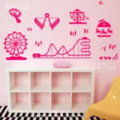 阿布屋壁貼》遊樂園B•壁貼.兒童樂園璧貼 窗貼 小孩房安親班佈置 Playground 摩天輪旋轉木馬海盜船飛機.