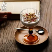 九土創意高腳玻璃甜品杯高腳杯飲料杯餐廳水杯家用酸奶杯冰淇淋杯布丁杯奶昔杯高硼矽豎紋杯紅酒杯雞尾酒杯香檳杯CUPR0580