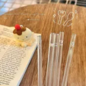 🥗🥗桃園出貨ins玻璃吸管韓式蝴蝶印花耐高溫飲管咖啡牛奶可愛耐熱吸管攪拌棍ozzz1