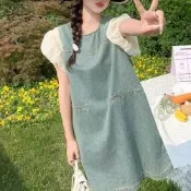 [韓國K.W.]韓國丹寧牛仔孔雀蕾絲拼接假二件優雅洋裝(小香風/輕量/洋裝/休閒/日系/通勤/渡假)