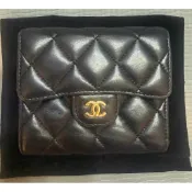 【正品/近新】CHANEL 香奈兒 經典菱格紋雙蓋三折短夾 黑色復古金釦 29開 法國康朋總店限定白盒