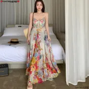彩色碎花露背細肩帶長洋裝 收腰顯瘦不壓身 法式大裙擺設計 女款夏季海邊度假約會穿搭 氣質長洋裝 度假大擺裙 顯瘦吊帶裙