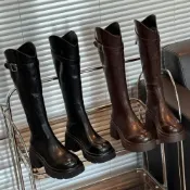 (店+)長筒靴靴子女騎士靴堆堆長靴瘦瘦長靴長靴女騎士長靴法式復古防滑齒狀鞋底及膝長靴細跟尖頭粗跟好走鬆糕底平底休閒厚底尖頭圓頭過膝長靴修腿長亮面漆皮可調筒圍彈力布筒圍顯瘦大尺碼防潑水加大筒圍真皮柔軟不磨腳