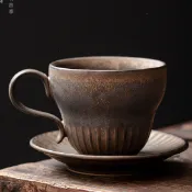 皆茶事中式復古陶瓷茶杯咖啡杯碟粗陶鎏金杯子帶碟泡茶杯子牛奶杯