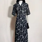 幾何雪紡短袖古著洋裝/ 國外帶回 VINTAGE