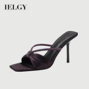 IELGY 女式紫色緞面水鑽綁帶涼鞋蝴蝶結露趾高跟鞋