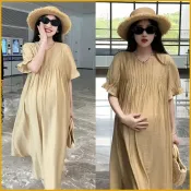 台灣發貨 孕婦夏季中長洋裝短袖圓領壓褶寬鬆純色裙擺2025新款時尚百搭 NQSU