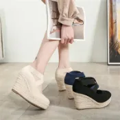 熱賣女鞋 增高鞋 10cm 跟鞋 樂福鞋 真皮女鞋 草編鞋 楔形高跟鞋 韓國懶人鞋 2024春季草編麻繩漁夫鞋女圓頭橡筋