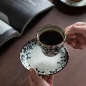 碗盤組合  咖啡杯 杯子 日本進口美濃燒釉下彩唐草餐具復古感日式厚陶雙耳餐盤碗碟盤套杯