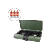 【Iwatani 岩谷】日本戶外防風磁式瓦斯爐-雙口爐-軍綠色-3.3kw-日本製+岩谷瓦斯罐3入