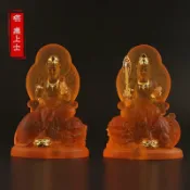 協貿國際日用品生活8館 文殊普賢小佛像水琉璃貼金佛教文殊菩薩普賢菩薩華嚴三圣擺件