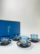 古瓷堂日本回流瓷器 日本回流 藍色切子水晶杯 黑色竹編漆器茶托 工藝精緻 花紋清晰 質感通透 折光效果絕美 收藏送禮首選 附原盒