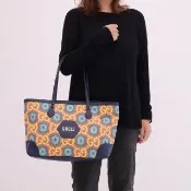 【GUCCI 古馳】Ophidia Tote 限款版經典雙G印花拼接肩背包托特包(深藍邊)
