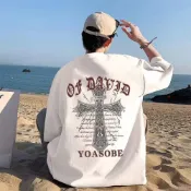 (店+)【B1 地下室】短袖上衣 美式街頭復古十字架文字印花短袖T恤 寬鬆 五分袖 衣服 男裝 大尺碼5XL NL624243