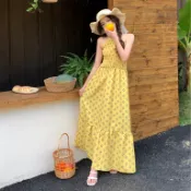 波西米亞旅行度假性感黃色碎花雪紡吊帶長裙女裝緊身無袖露背印花中長款A字洋裝