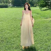 波西米亞旅行度假性感黃色雪紡吊帶長裙女裝緊身V領無袖中長款A字洋裝