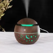 星空木紋鏤空星星月亮加濕器 創意七彩透光迷你加濕器 水氧機 香薰機 擴香機 便攜式130ML香薰機