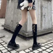 高顏值過膝中筒襪 長筒襪 小腿襪 壓力瘦腿襪 春秋可愛L黑白交叉綁帶小腿襪子女潮洛麗塔木耳邊中筒 S 0920