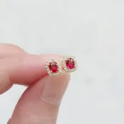 限量現貨 - 天然橢圓形紅寶 鑲鑽 純 18K 黃金耳釘 0.50ct 小華麗