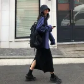 銀聯網日用品生活館 套裝裙子兩件套韓版氣質燈芯絨寬松加厚外套洋氣黑色針織半身裙1入