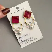 【現貨1件】紅色 雙層設計 酒精墨水藝術 長款耳環 醫療級不鏽鋼 歐若拉 金色 獨一無二 過敏友善