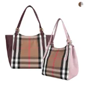 BURBERRY CANTERBY英倫風格紋設計棉帆布拼牛皮吸釦式肩背包(多色)