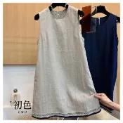 【初色】復古簡約刺繡棉麻風寬鬆圓領無袖背心裙中長裙連衣裙連身洋裝長裙-共2色-13687(M-2XL可選)