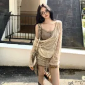 套裝 INS美式蕩領蕾絲透膚防曬罩衫長版上衣露背吊帶裙辣妹包臀洋裝兩件式套裝 10129