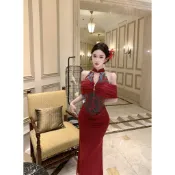 💫小宇宙Studio💫實拍新中式立領植絨拼接網紗收腰顯瘦連衣裙長款魚尾裙