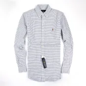 美國百分百【Ralph Lauren】長袖 襯衫 RL 男 格紋 彩馬 藍黑線 白色 上衣 polo 休閒 S E888