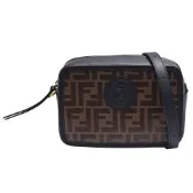 FENDI 經典品牌LOGO帆布包身牛皮飾邊拉鍊肩/斜背相機包(迷你-黑)