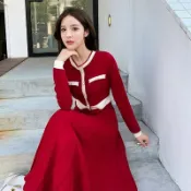 長袖洋裝 打底裙 內搭實拍 韓版名媛氣質女神范年會禮服紅色針織連衣裙大擺毛衣T516-A  63218  胖胖美依