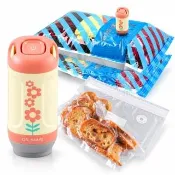 【摩肯】DR. SAVE小花真空機居家收納7件組(含壓縮袋L*2 食品袋*5 旅行換季 真空保鮮防潮一把罩)